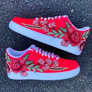 Nike Air Force 1 Custom Low Neon Pink Red Rose Floral White Shoes Men Women